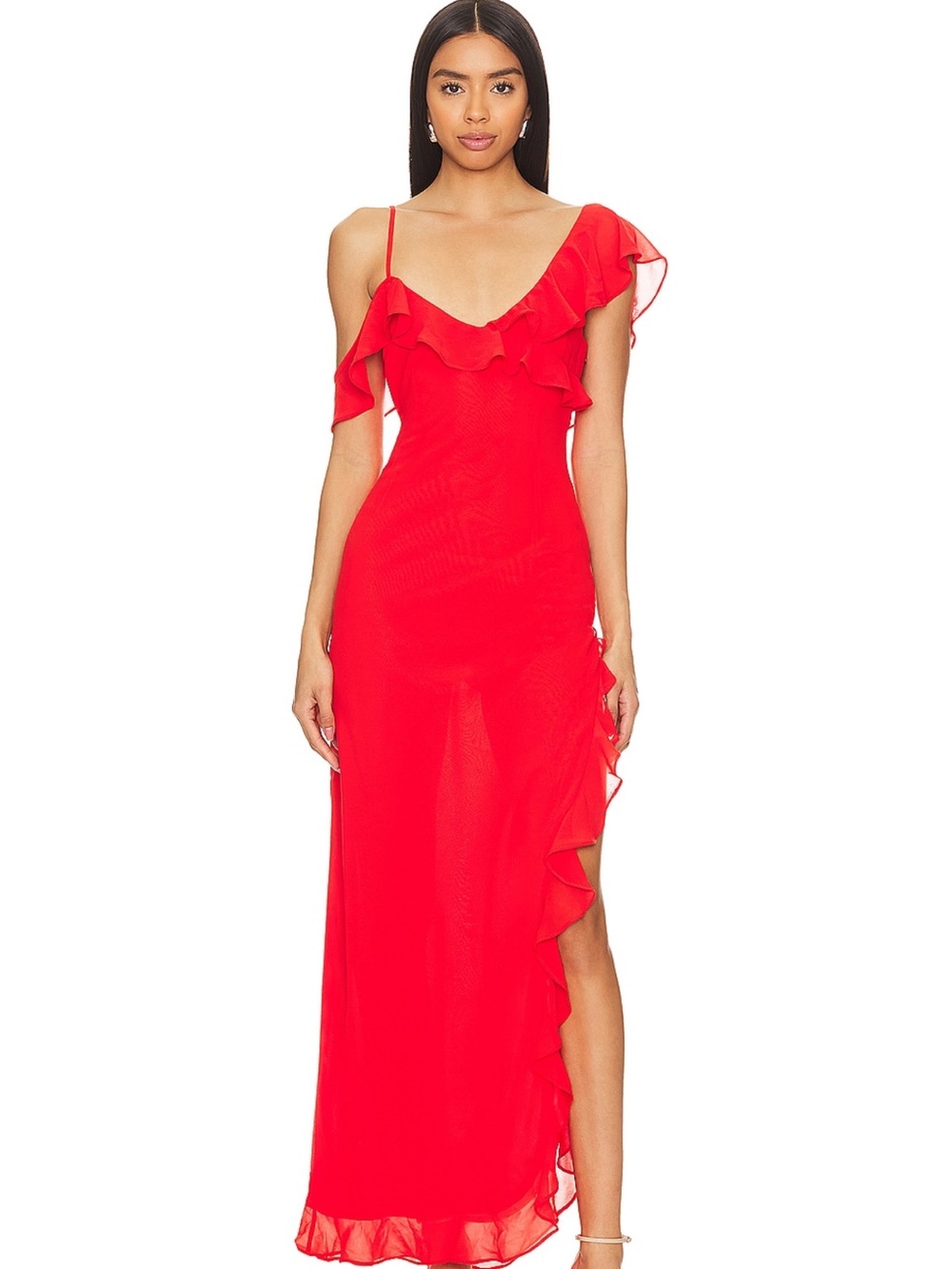 One-Shoulder Ruffle Maxi Dress in Red